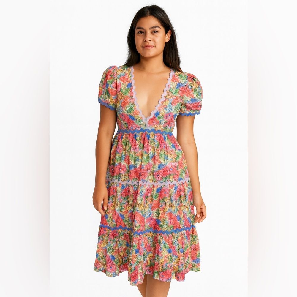 NEW Aureum Floral Print Cottage‎ Core Rick Rack Trim Midi Dress, XS
